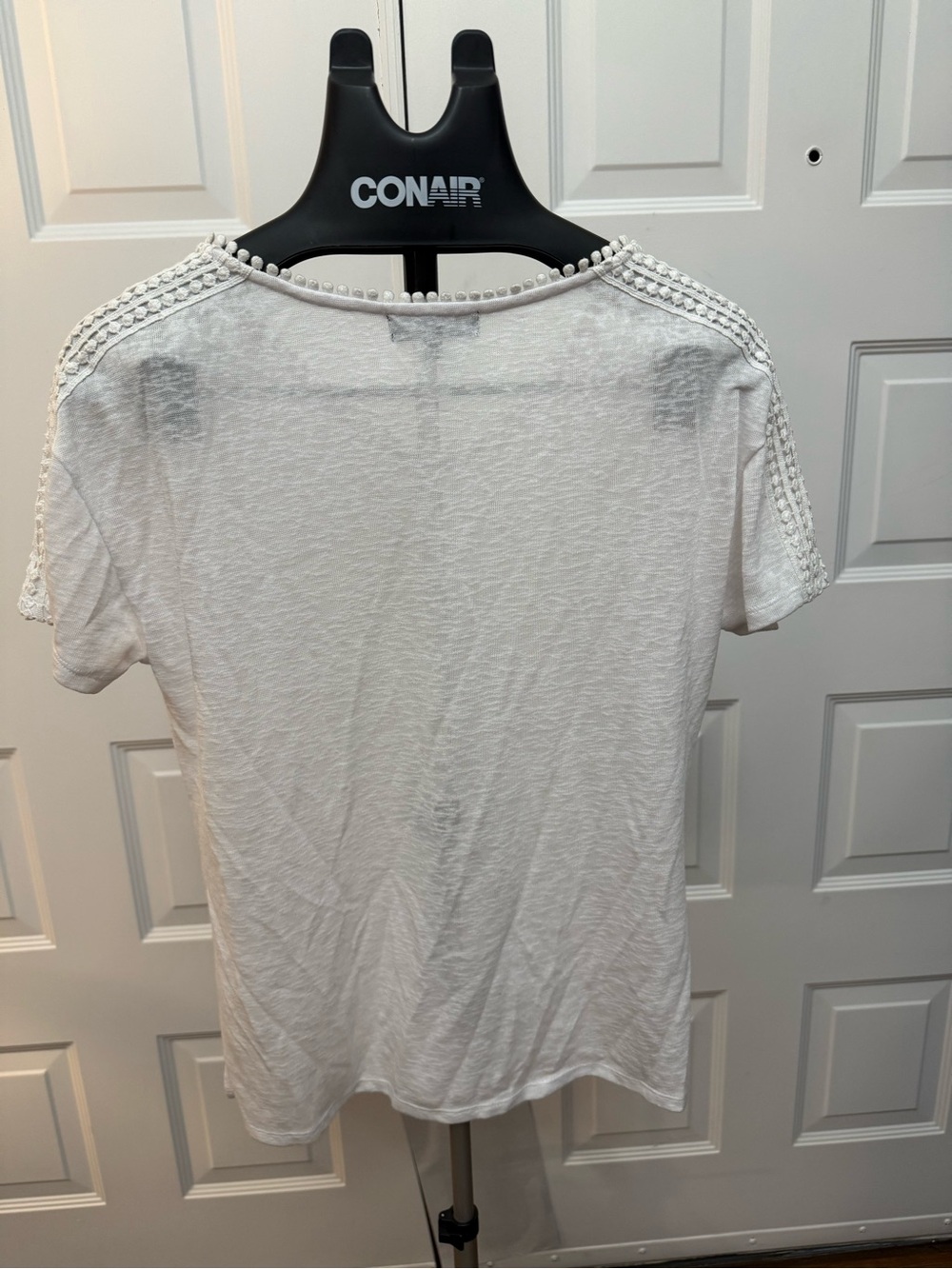 Women’s White Short Sleeve Tee with Crochet Pom-Trim Accents - Picture 7 of 9